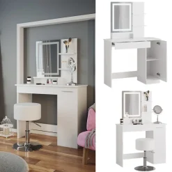 Schminktisch Julia Weiß 90 cm mit LED-Spiegel und Hocker Vicco