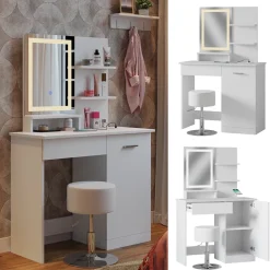Schminktisch Julia Weiß 90 cm mit LED-Spiegel, QI-Ladegerät und Hocker Vicco