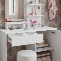 Schminktisch Julia Weiß 90 cm mit LED-Spiegel, QI-Ladegerät und Hocker Vicco