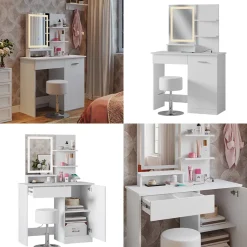 Schminktisch Julia Weiß 90 cm mit LED-Spiegel, QI-Ladegerät und Hocker Vicco