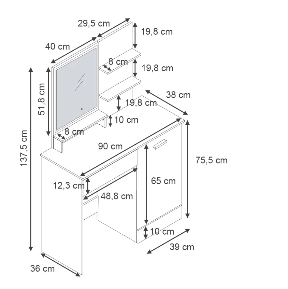 Schminktisch Julia Weiß 90 cm mit LED-Spiegel Vicco