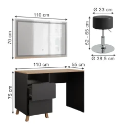 Schminktisch Karen Anthrazit/Artisan 110 cm mit Hocker und LED-Spiegel Vicco