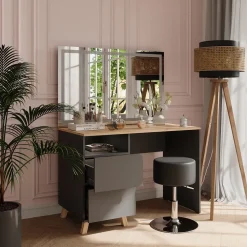 Schminktisch Karen Anthrazit/Artisan 110 cm mit Hocker und LED-Spiegel Vicco