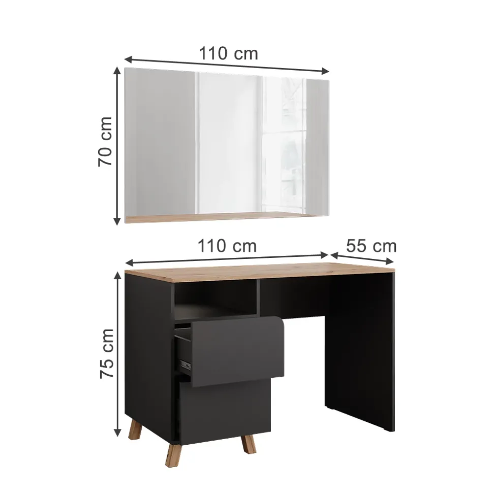 Schminktisch Karen Anthrazit/Artisan 110 cm mit Spiegel Vicco