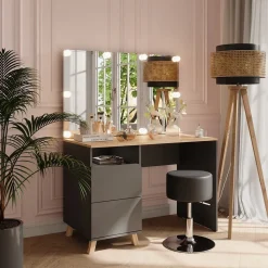 Schminktisch Karen Anthrazit/Artisan 110 cm mit Hocker und LED-Lichterkette Vicco