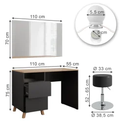 Schminktisch Karen Anthrazit/Artisan 110 cm mit Hocker und LED-Lichterkette Vicco