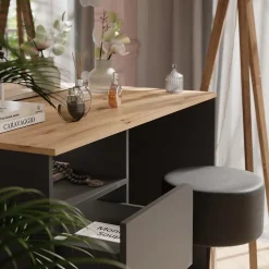 Schminktisch Karen Anthrazit/Artisan 110 cm mit Hocker und LED-Lichterkette Vicco