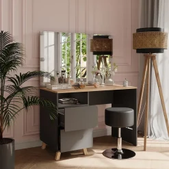 Schminktisch Karen Anthrazit/Artisan 110 cm mit Hocker und LED-Lichterkette Vicco