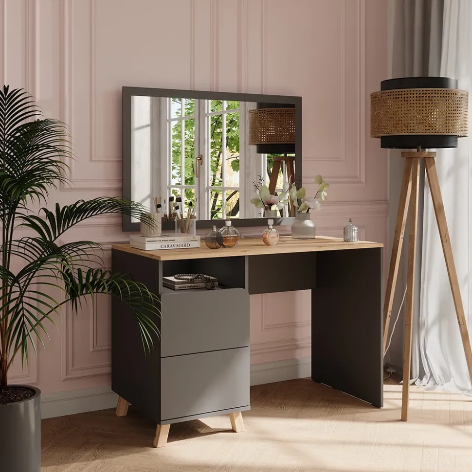 Schminktisch Karen Anthrazit/Artisan 110 cm mit Schubladen Vicco