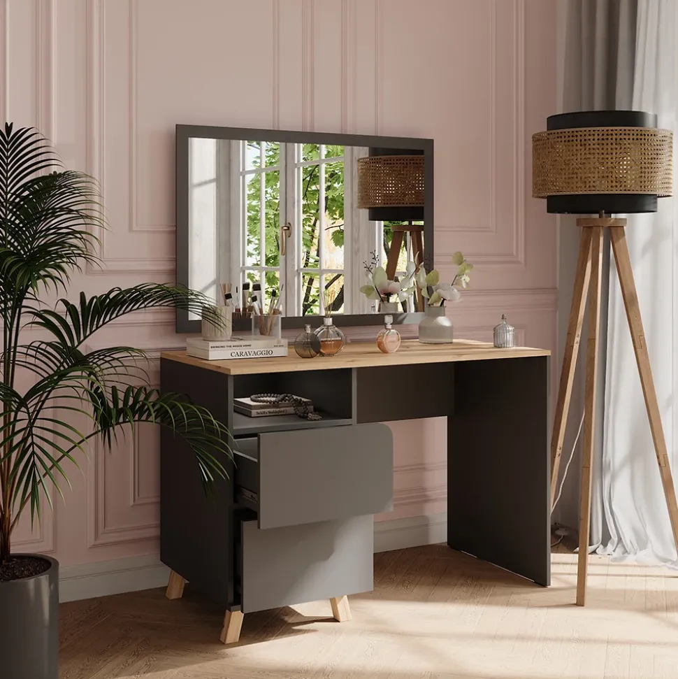 Schminktisch Karen Anthrazit/Artisan 110 cm mit Schubladen Vicco