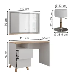 Schminktisch Karen Weiß/Artisan 110 cm mit Hocker und LED-Spiegel Vicco