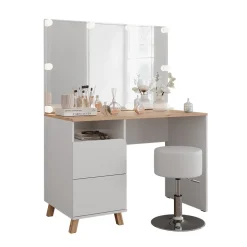 Schminktisch Karen Weiß/Artisan 110 cm mit Hocker und LED-Lichterkette Vicco