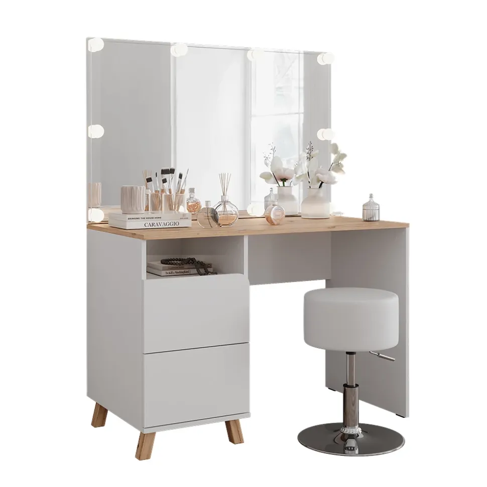 Schminktisch Karen Weiß/Artisan 110 cm mit Hocker und LED-Lichterkette Vicco