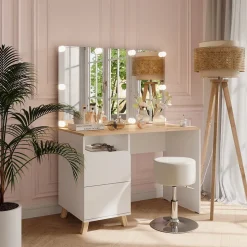 Schminktisch Karen Weiß/Artisan 110 cm mit Hocker und LED-Lichterkette Vicco