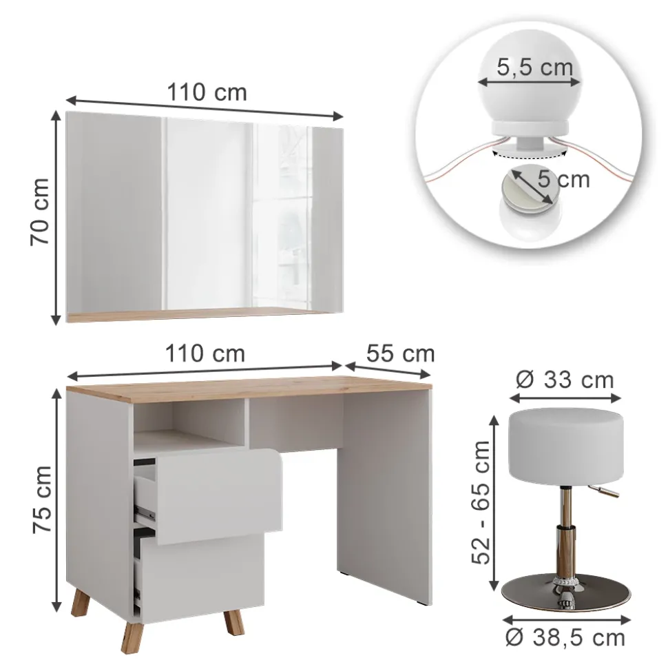 Schminktisch Karen Weiß/Artisan 110 cm mit Hocker und LED-Lichterkette Vicco