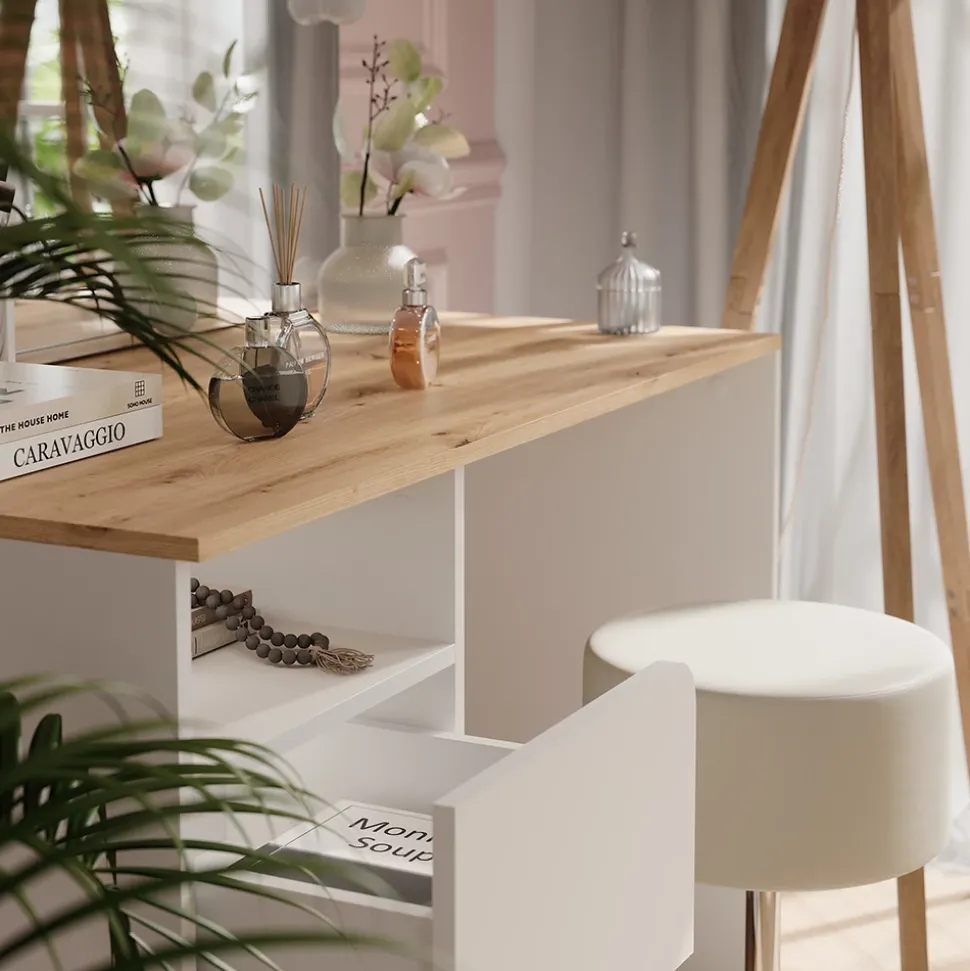 Schminktisch Karen Weiß/Artisan 110 cm mit Hocker und LED-Lichterkette Vicco