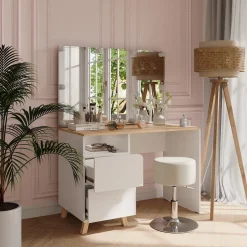 Schminktisch Karen Weiß/Artisan 110 cm mit Hocker und LED-Lichterkette Vicco