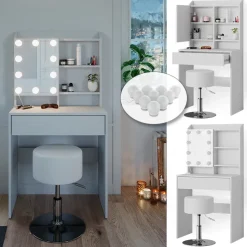 Schminktisch Laura Weiß 70 cm mit LED Beleuchtung und Hocker Vicco