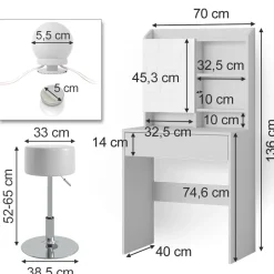 Schminktisch Laura Weiß 70 cm mit LED Beleuchtung und Hocker Vicco