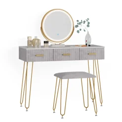 Schminktisch Layla Grau 100 cm mit LED Beleuchtung und Hocker Vicco