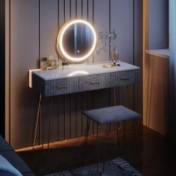 Schminktisch Layla Grau 100 cm mit LED Beleuchtung und Hocker Vicco
