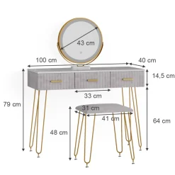 Schminktisch Layla Grau 100 cm mit LED Beleuchtung und Hocker Vicco