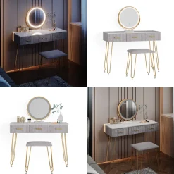 Schminktisch Layla Grau 100 cm mit LED Beleuchtung und Hocker Vicco