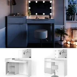 Schminktisch Lilli Weiß 135 cm mit LED Beleuchtung und Hocker Vicco