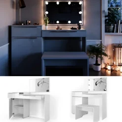 Schminktisch Lilli Weiß 135 cm mit LED Beleuchtung und Bank Vicco