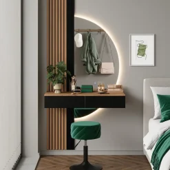 Schminktisch Melina Eiche/Schwarz 100 cm mit LED-Spiegel Vicco