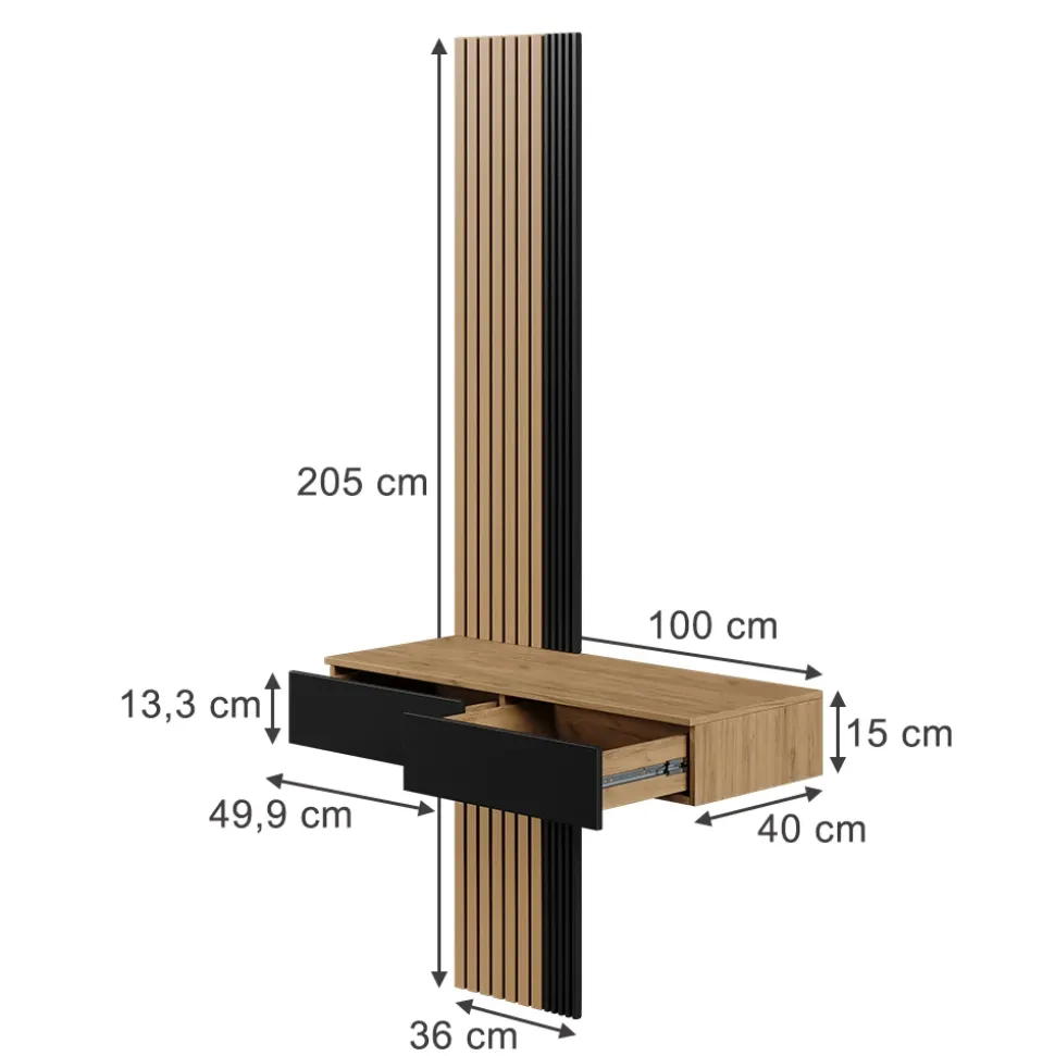 Schminktisch Melina Eiche/Schwarz 100 cm mit 2 Schubladen Vicco