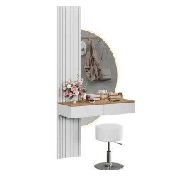 Schminktisch Melina Weiß/Eiche 100 cm mit LED-Spiegel und Hocker Vicco