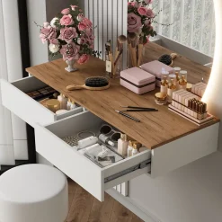 Schminktisch Melina Weiß/Eiche 100 cm mit LED-Spiegel und Hocker Vicco