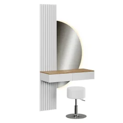 Schminktisch Melina Weiß/Eiche 100 cm mit LED-Spiegel und Hocker Vicco