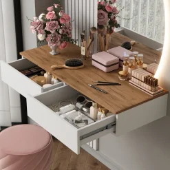 Schminktisch Melina Weiß/Eiche 100 cm mit LED-Spiegel Vicco