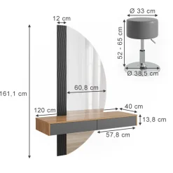 Schminktisch Melisa Grau 120 cm mit Beleuchtung und Hocker Vicco