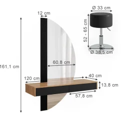 Schminktisch Melisa Schwarz 120 cm mit Beleuchtung und Hocker Vicco