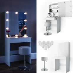Schminktisch Melle Weiß 68 cm mit LED Beleuchtung und Hocker Vicco