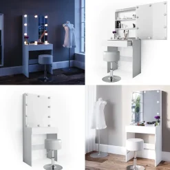 Schminktisch Melle Weiß 68 cm mit LED Beleuchtung und Hocker Vicco