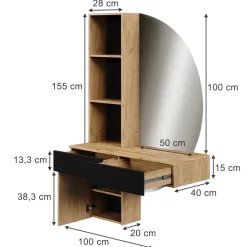 Schminktisch Melora Eiche/Schwarz 100 cm mit LED-Spiegel Vicco