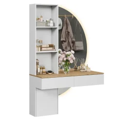 Schminktisch Melora Weiß/Eiche 100 cm mit LED-Spiegel Vicco