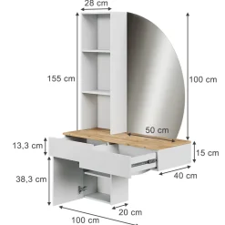 Schminktisch Melora Weiß/Eiche 100 cm mit LED-Spiegel Vicco