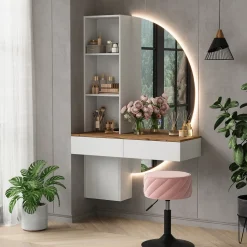 Schminktisch Melora Weiß/Eiche 100 cm mit LED-Spiegel Vicco