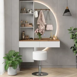 Schminktisch Melora Weiß/Eiche 100 cm mit LED-Spiegel und Hocker Vicco