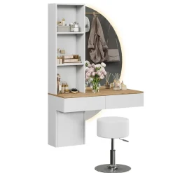 Schminktisch Melora Weiß/Eiche 100 cm mit LED-Spiegel und Hocker Vicco