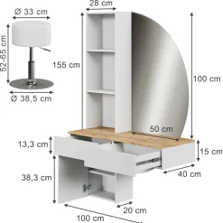 Schminktisch Melora Weiß/Eiche 100 cm mit LED-Spiegel und Hocker Vicco