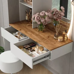 Schminktisch Melora Weiß/Eiche 100 cm mit LED-Spiegel und Hocker Vicco