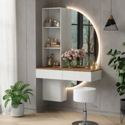 Schminktisch Melora Weiß/Eiche 100 cm mit LED-Spiegel und Hocker Vicco