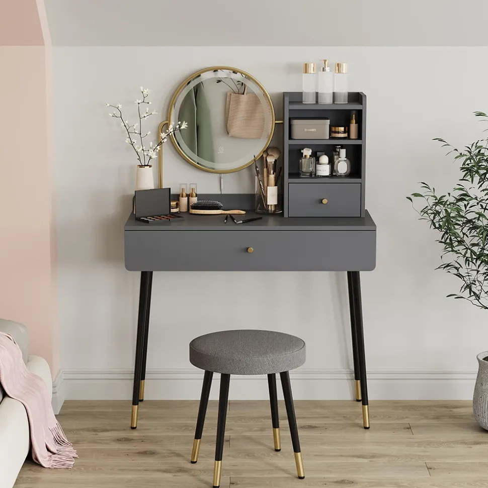 Schminktisch Mirela Grau 90 cm mit LED-Spiegel und Hocker Vicco