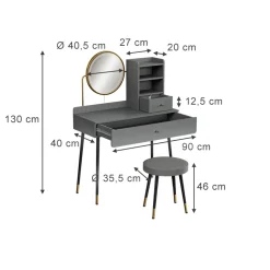 Schminktisch Mirela Grau 90 cm mit LED-Spiegel und Hocker Vicco